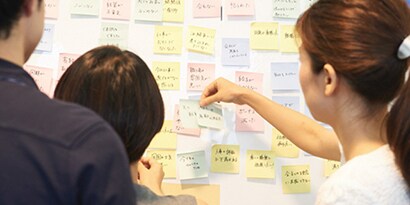 続いて、アイディアを書いたポスト・イット® をポスト・イット® ホワイトボードフィルムに貼り付ける。
